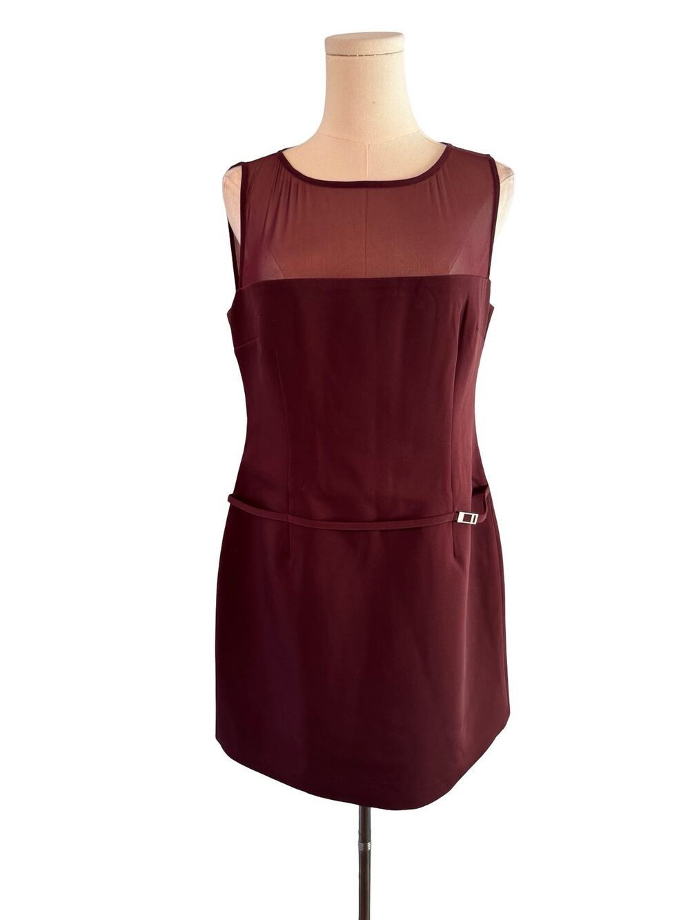 MESHKI Burgundy Mesh Yoke Sheath Mini Dress Belted Size Large Cocktail Party